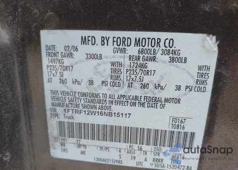 2006 Ford F-150 Stx/Xl/Xlt z USA, uszkodzony, nr VIN 1FTRF12W16NB15117